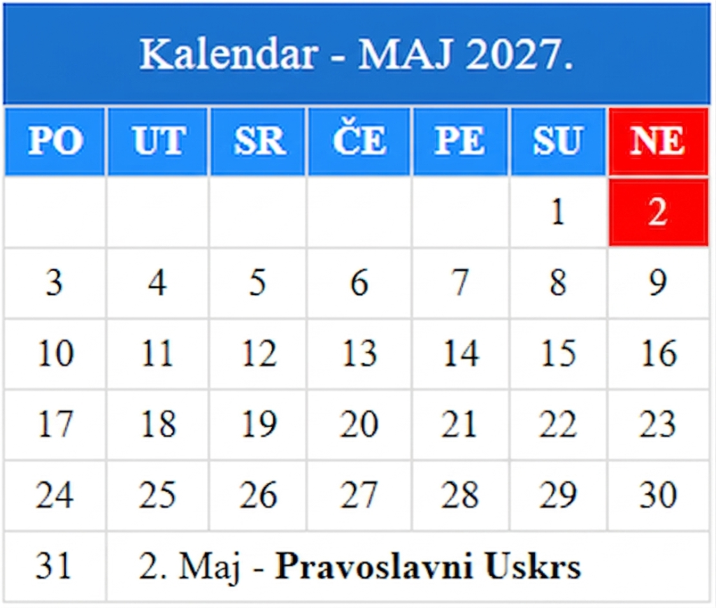 Pravoslavni Uskrs 2027 Maj